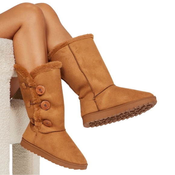 Fashion Nova Furry Tan Button Up Your Direction Flat Boots - Women's Size 10 - Picture 10 of 10